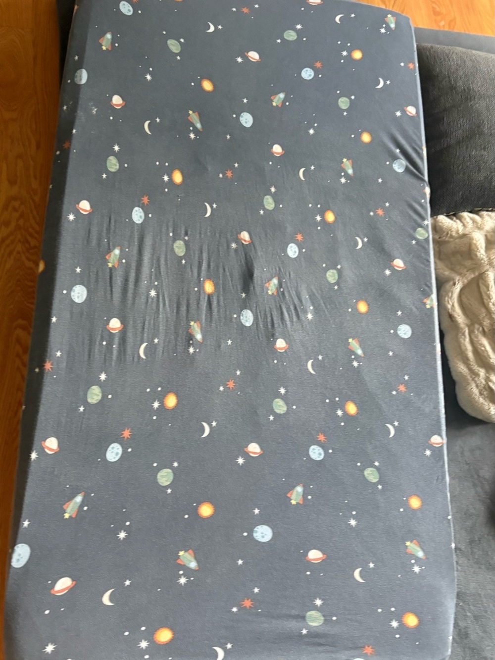 Outer Space-Themed Crib sheet - moon stars Navy with Planets & Rockets